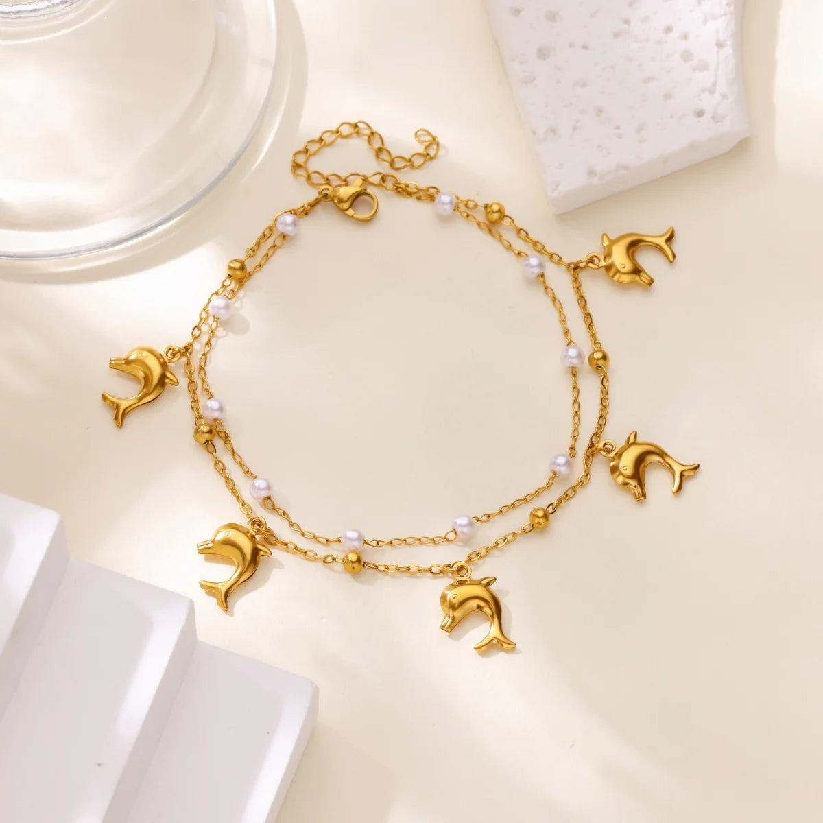 Stainless Steel Imitation Pearl Anklets for Women Gold Colore