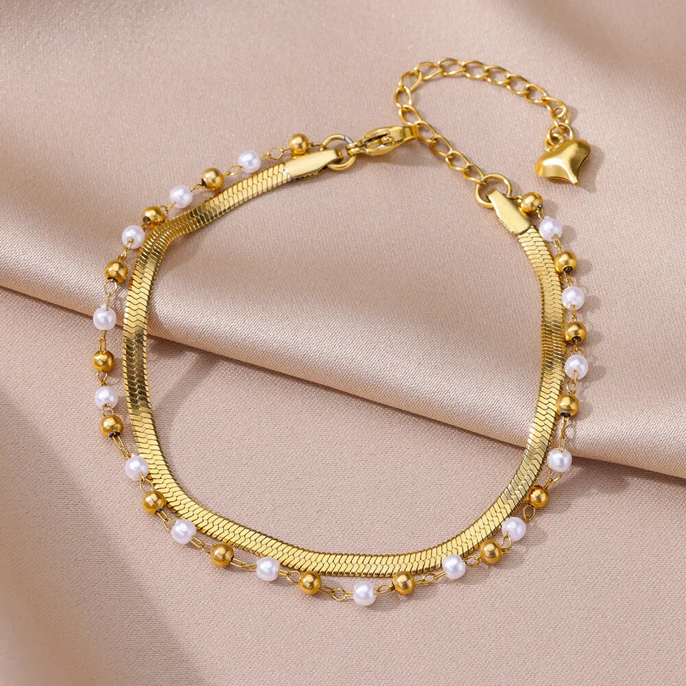 Stainless Steel Imitation Pearl Anklets for Women Gold Colore