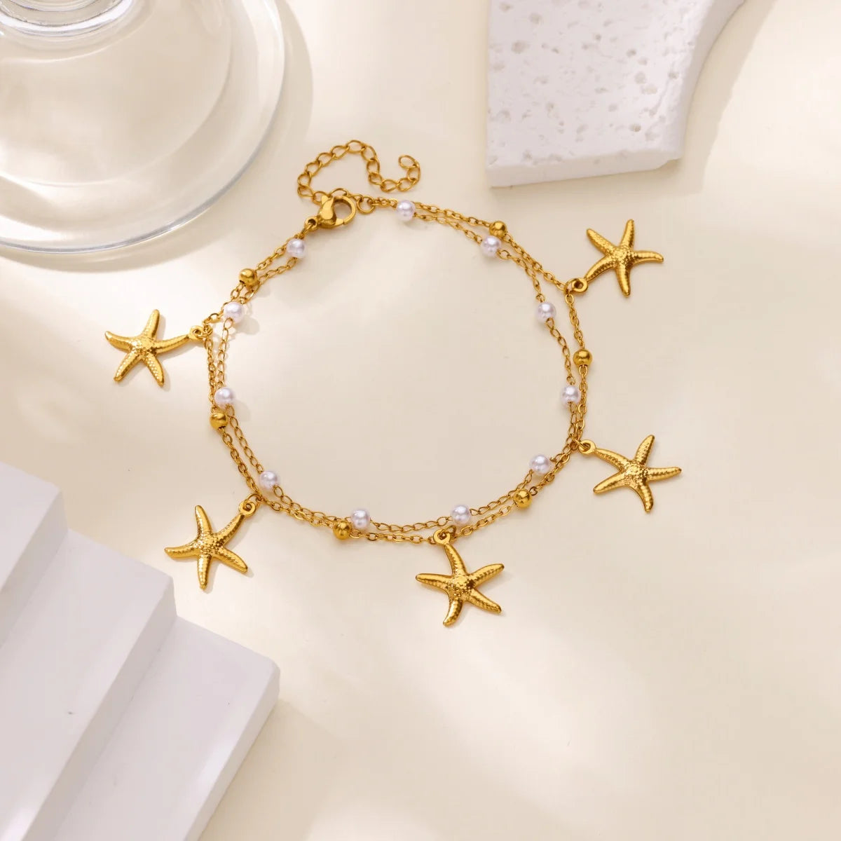 Stainless Steel Imitation Pearl Anklets for Women Gold Colore