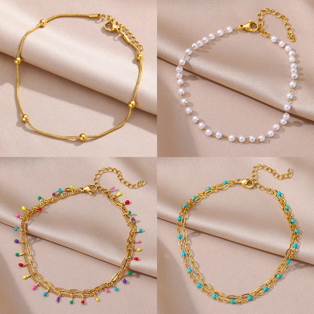 Stainless Steel Imitation Pearl Anklets for Women Gold Colore