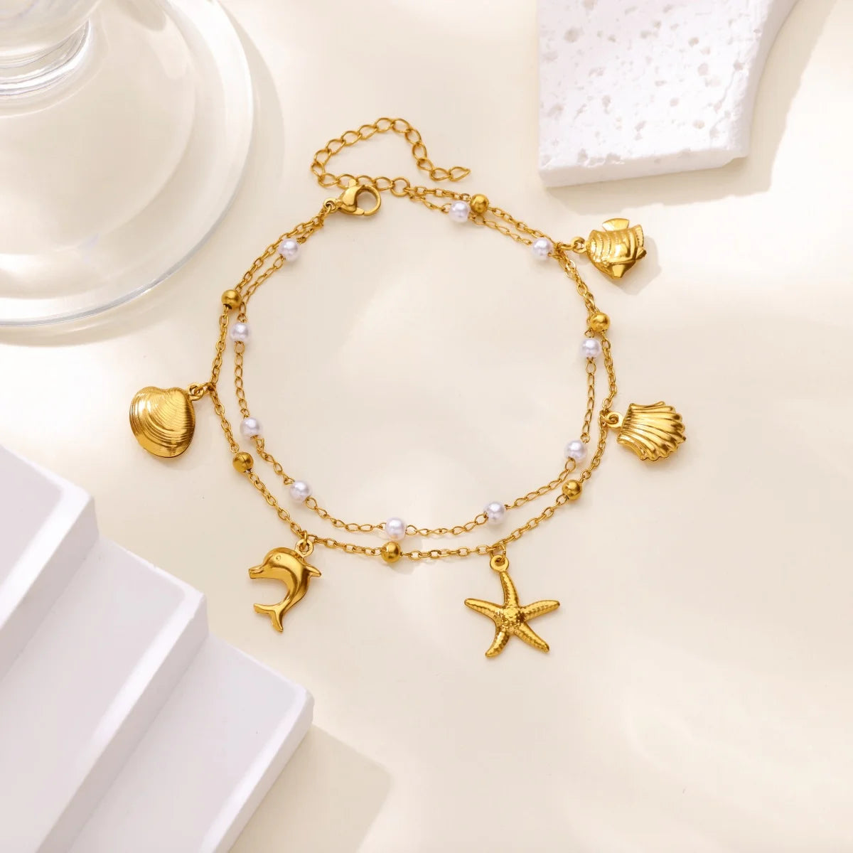 Stainless Steel Imitation Pearl Anklets for Women Gold Colore