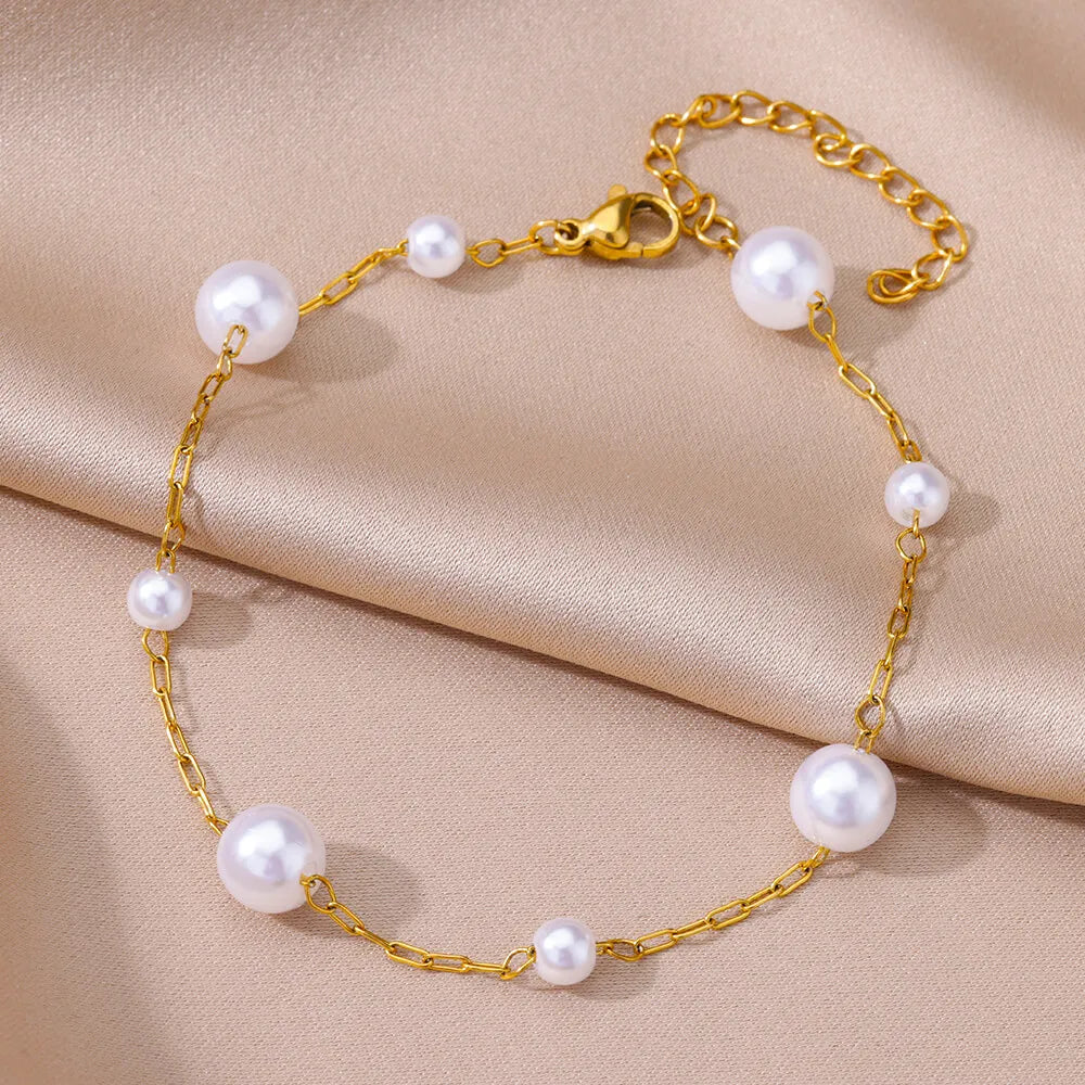 Stainless Steel Imitation Pearl Anklets for Women Gold Colore