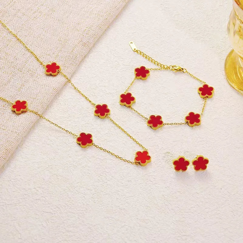 3-Piece Set of Plum Blossom Five-Leaf Flower Necklace Bracelet Women's Gift Jewelry Set for Parties