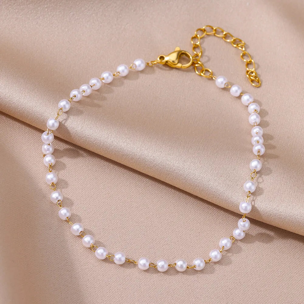 Stainless Steel Imitation Pearl Anklets for Women Gold Colore