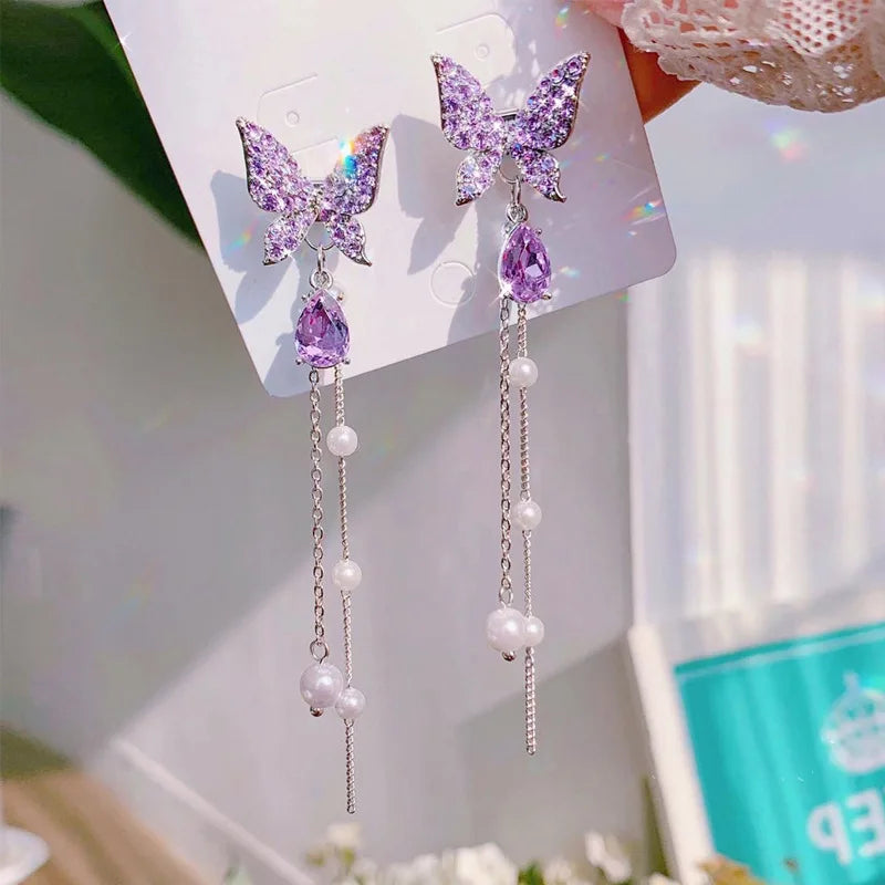 New Luxury Women Zircon Crystal Pearls Long Tassel