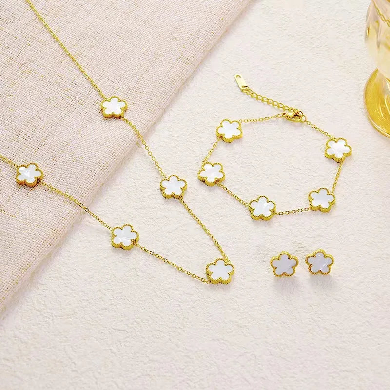 3-Piece Set of Plum Blossom Five-Leaf Flower Necklace Bracelet Women's Gift Jewelry Set for Parties